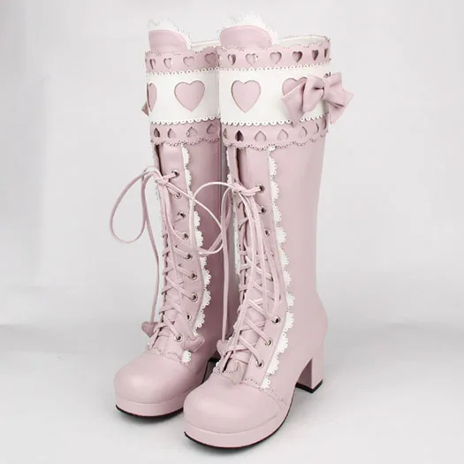 Pink 6cm Обувь, большие размеры, на шнуровке, 12-44, водонепроницаемые зимние сапоги на высоком каблуке женские сапоги до колена, г., не сужающийся книзу розовый, 13-45, осенний стиль, с бантом, В Стиле Лолита - Цвет: Pink 6cm