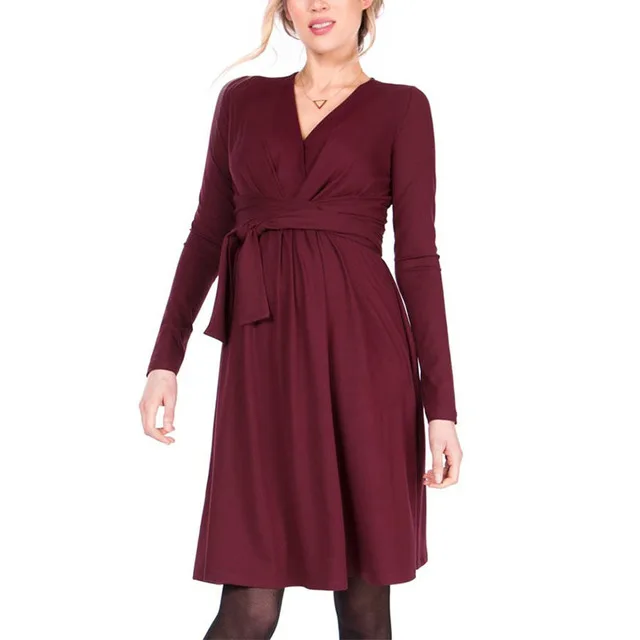 Hot Sale Autumn Creative Maternity Dress Breastfeeding Dress Fashion Long Sleeve Long Sashes Cross V-neck Nursing Dress - Цвет: 01