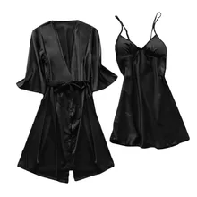 2 шт., сексуальный женский шелковый халат, наборы, однотонный кружевной халат, женское нижнее белье с v-образным вырезом, ночное платье, одежда для сна, свадебный наряд, комплект# p3