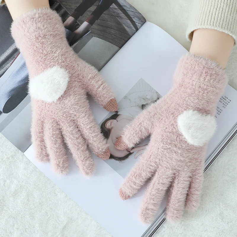 1 пара новых зимних вязаных женских перчаток с сенсорным экраном из мягкой кроличьей шерсти вязаные перчатки теплые милые розовые рукавицы с сердечками для девочек