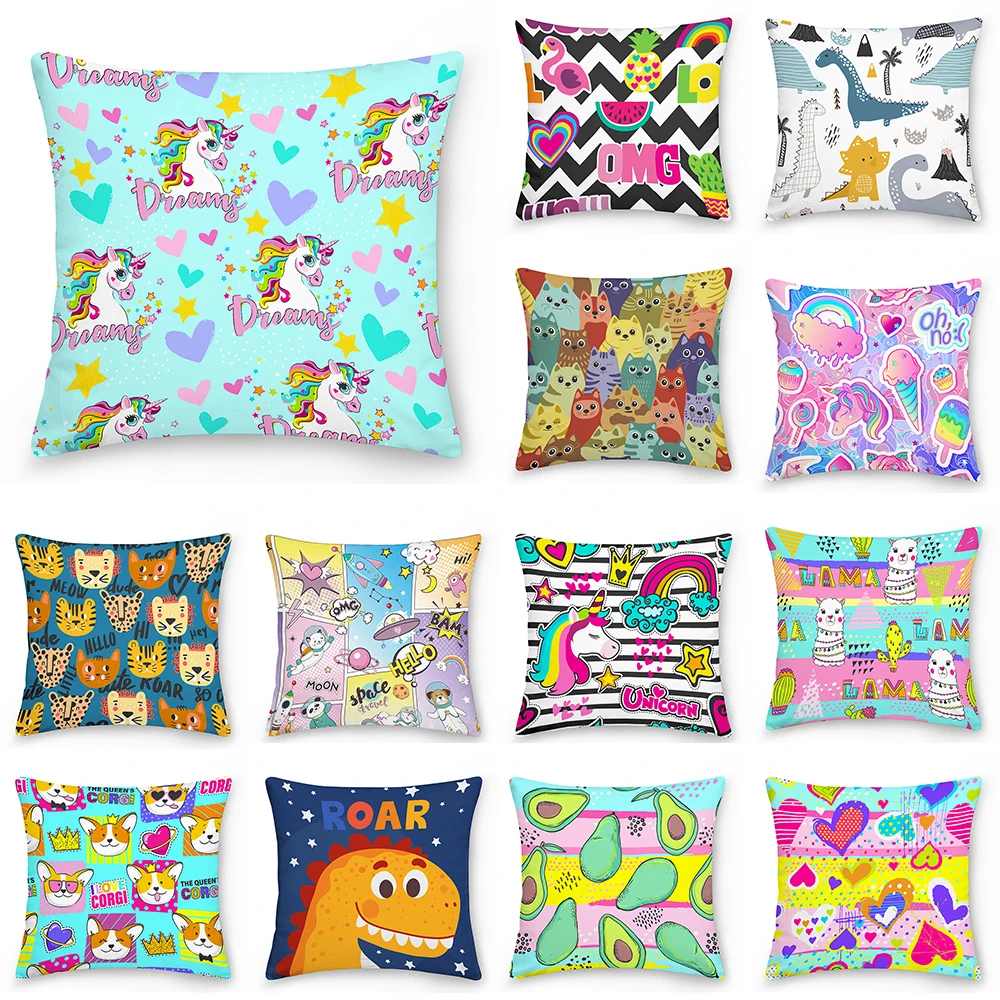 

Наволочки с единорогом, украшение для дома, наволочки с мультяшным рисунком для дивана, подушки для гостиной, яркие Чехлы 45*45
