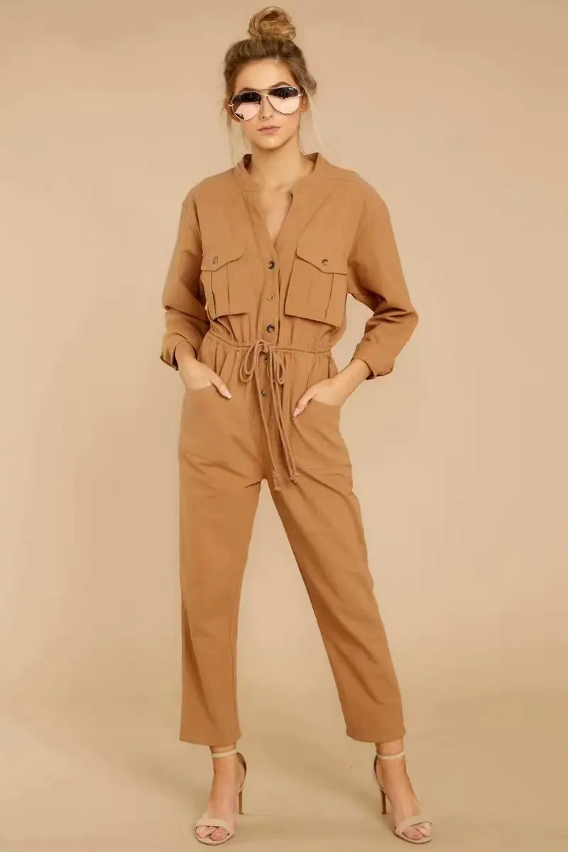 

Wowen's Safari Style Jumpsuit V Neck Long Sleeve Button Drawstring Straight Overalls with Pockets Solid Color