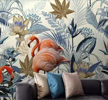 

CJSIR Custom Wallpaper Murals European-style Hand-painted Tropical Plants Flamingo Background Wall Painting 3d Wallpaper Decor