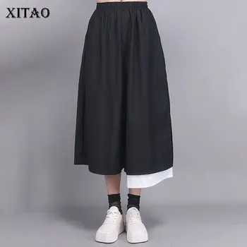 

XITAO 2020 Spring New Wide Leg Pants Loose Plus Size Black and White Stitching Cropped Pants Fashion Trend High Waist DMY4169