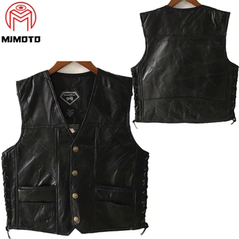 

Newest Motorcycle Vest Leather Mens Black Waistcoat Male Biker Punk Genuine Leather Button Lace Up Autumn Sleeveless Jacket Vest