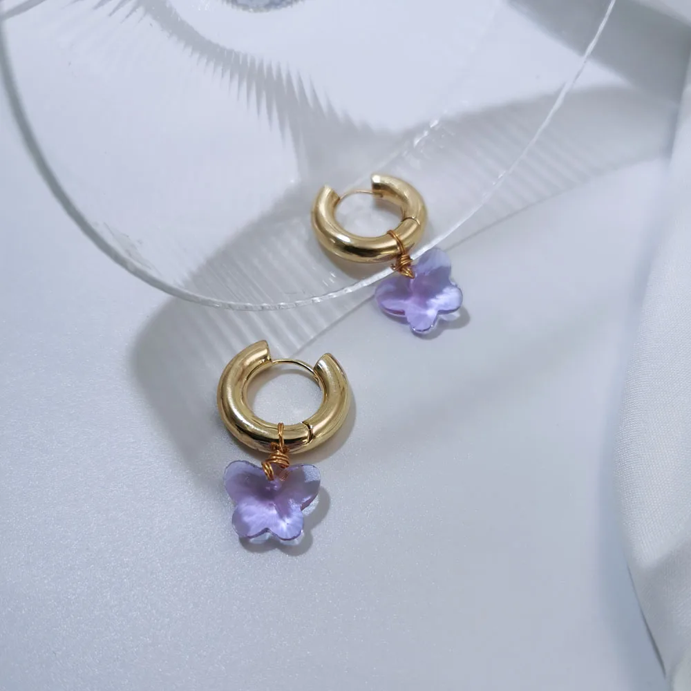 Peri'sBox 2 Colors Glass Love Heart Earrings Flower Chunky Circle Geometric Earrings Butterfly Elegant Minimalist Brass Jewelry - Image 5