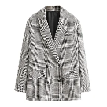 

European Design Double Breasted Houndstooth Plaid Long Sleeve Casual Blazer Streetwear FFZWT43