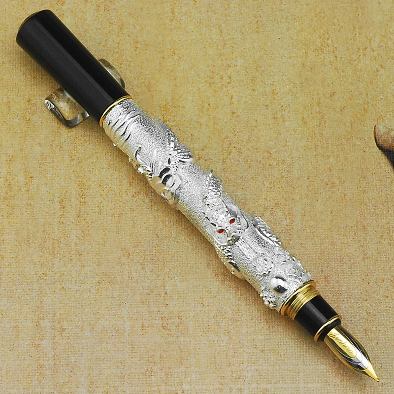 Jinhao Metal Vintage Fountain Pen, Oriental Dragon Series Heavy Pen Iridium Fine Nib Silver Noble Professional Gift Pen