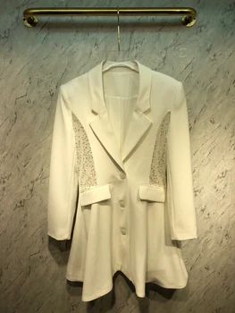 

2020 Early Autumn New Women's Lapel Symmetrical Pocket Waist Lace Set Diamond Stitching Long-Sleeved Dress 819