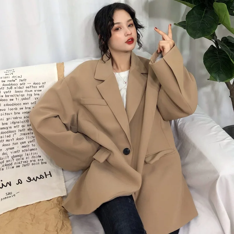 

Spring Clothing Korean-style WOMEN'S Wear Black And White with Pattern Simple Loose Casual Students Mid-length Long Sleeve Suit