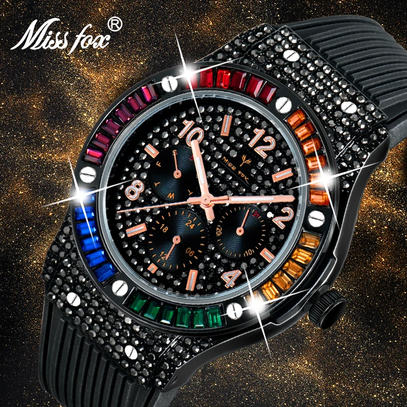 

MISSFOX Black Cool Fashion Watch Men's Luxury Square Color Diamond Chronograph Watch Rubber Strap Strap Quartz Clock Waterproof