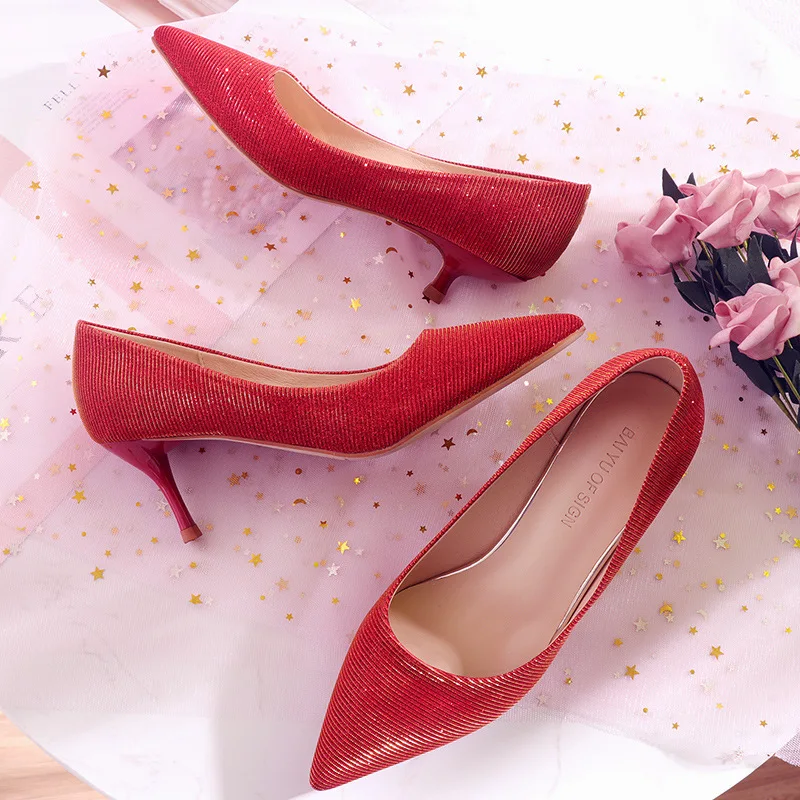

2019 Winter Bride Wedding Shoes High Heels Shoes Woman Sequined Cloth Pointed Toe Thin Heels Shoes Elegant Party Sandals Pumps