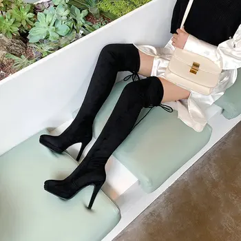 

flock Femle Round Toe Sexy Chunky Heel pull-on party Woman high suede long boots 2020 spring and autumn black khaki gray 34-43