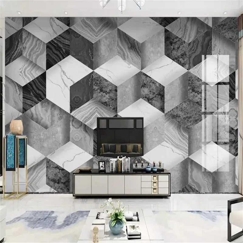 Large 3D Wallpaper Mural Custom Jazz White Modern 3D Three-dimensional Geometric Marble Tile TV Background Wall Tile Mural