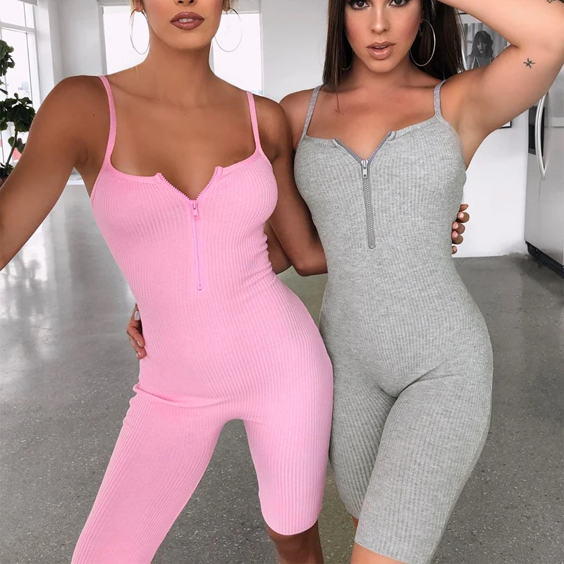 

Pink Jumpsuit Women Summer Wear Sexy Strap Zip Romper Short Play suit Female Party Bodysuit Leotards Lady Sport Wear Overalls