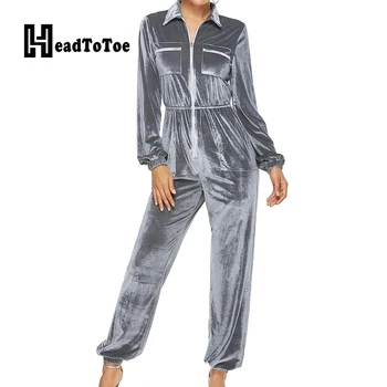 

Elegant Zipper Pockets Design Turn Down Collar Solid Slim Velvet Rompers Women Jumpsuit Casual One Piece Overalls