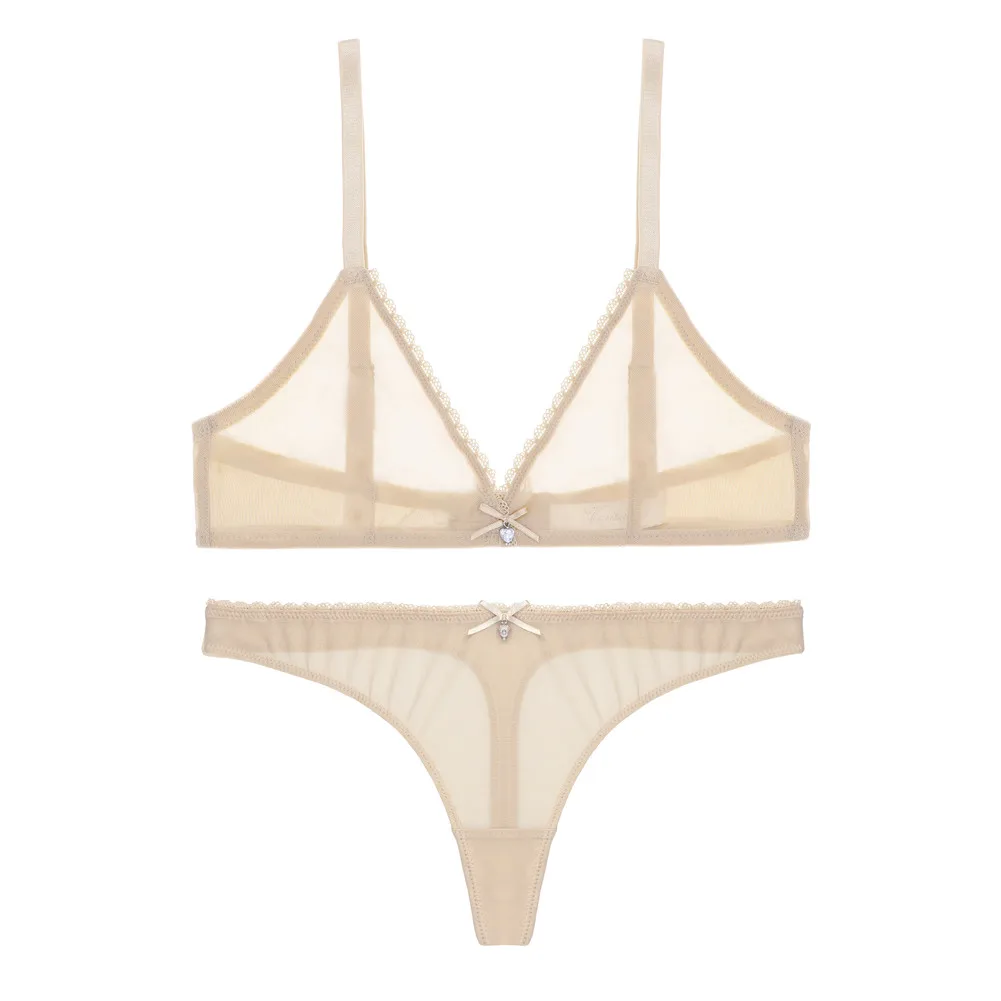 Sexy ladies see through elastic mesh bra set women wire free white underwear bra+thong lingerie set