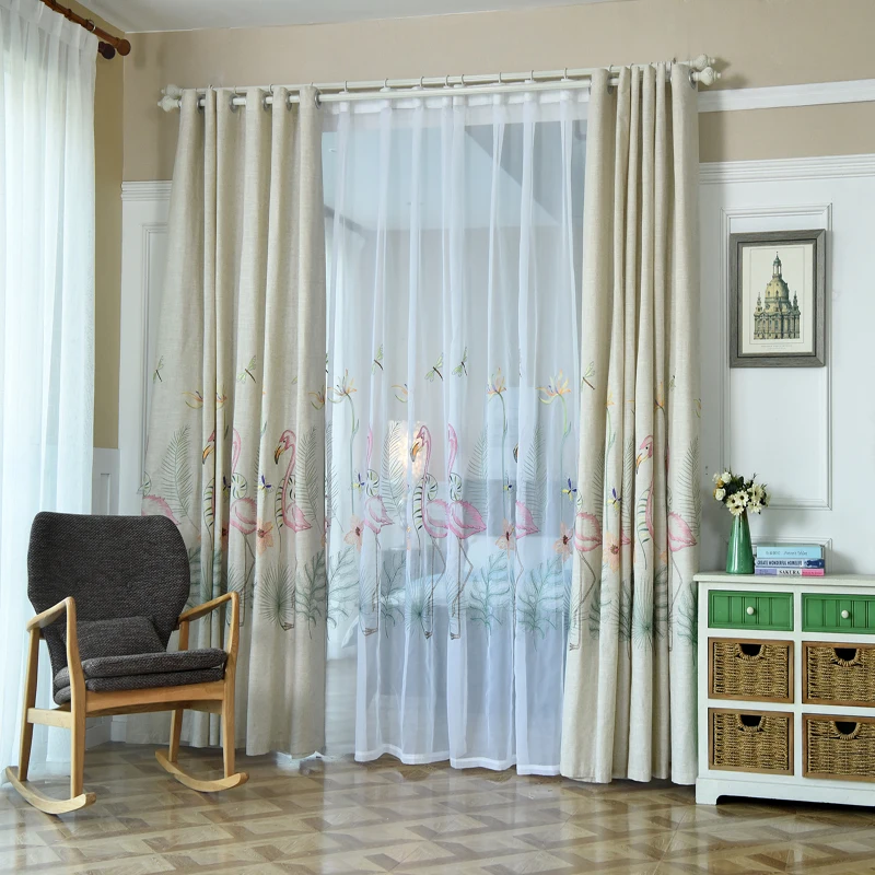 

Pastoral Sheer Curtains for Living Room Bedroom Cotton Linen Curtain with Flamingo Embroidered Voile Curtain Customized Drapes