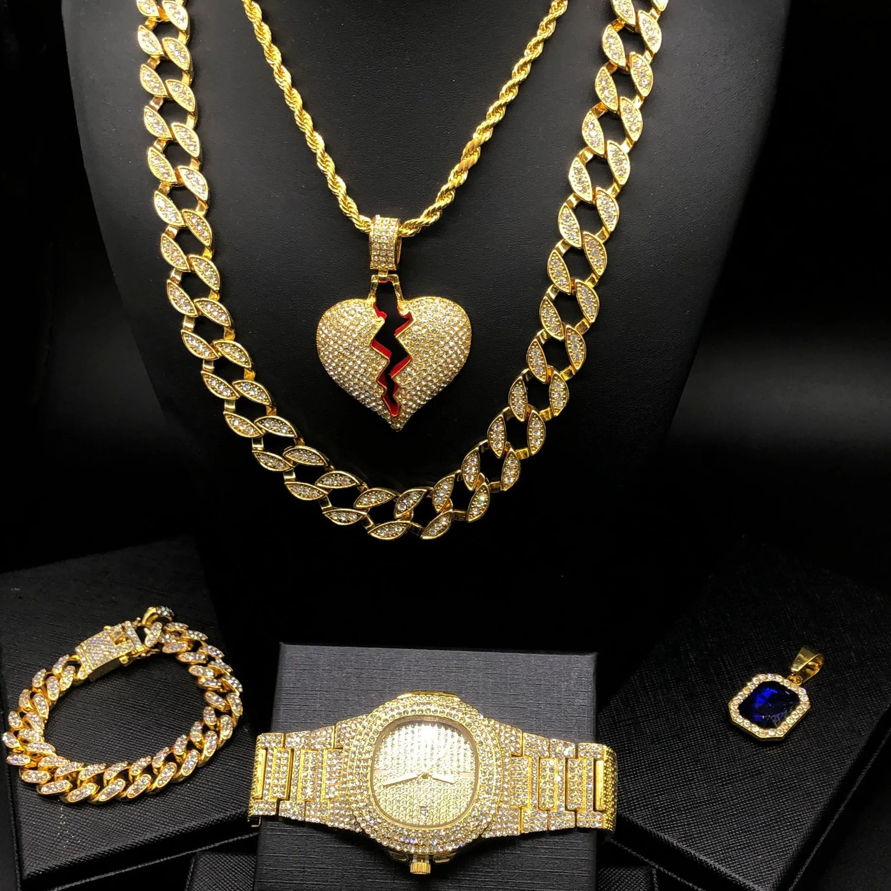 

Luxury Diamond Men's watch iced Cuban hip hop Watch & Necklace & Bracelet & Pendant combination top brand African Jewelry Set