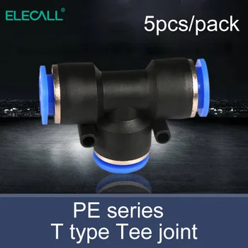 

ELECALL 5pcs pneumatic fittings T-type 3-way push thread quick connector Air Quick Fitting Plug PE05/PE4/PE6/PE8/PE10/PE12/PE16