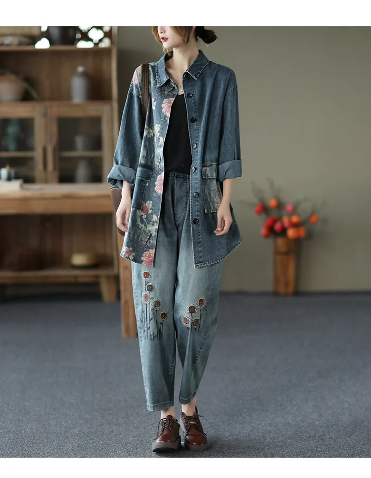 Camisas para Mulheres Lulu Estilo Chinês Topos Senhoras Vintage Floral Denim Casual Solto Impresso Blusas Bolsos Roupas Tamanho Grande Max 2021 15 High Quality Moda Feminina