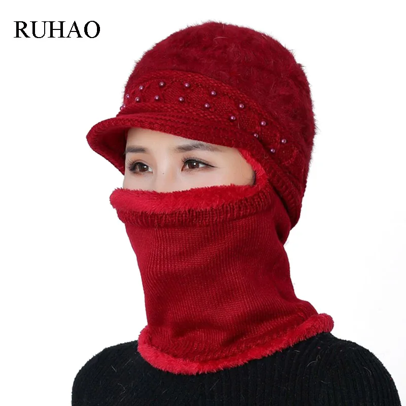 RUHAO женские теплые осенние зимние вязаные шапки Шапки Маска женская зимняя шапка вязаный набор шапки и шарфа круглая Лыжная Шапка женская