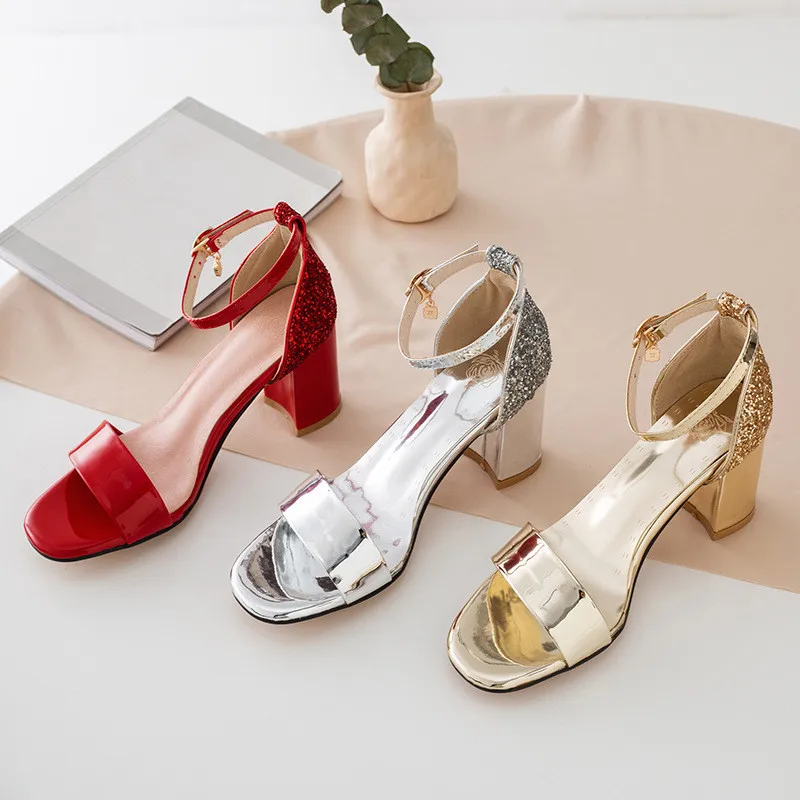 

Leather Sandals Women Med Large Size Buckle High Heels Open Toe 2019 Summer Clear Shoes Suit Female Beige Bling Bling 2019