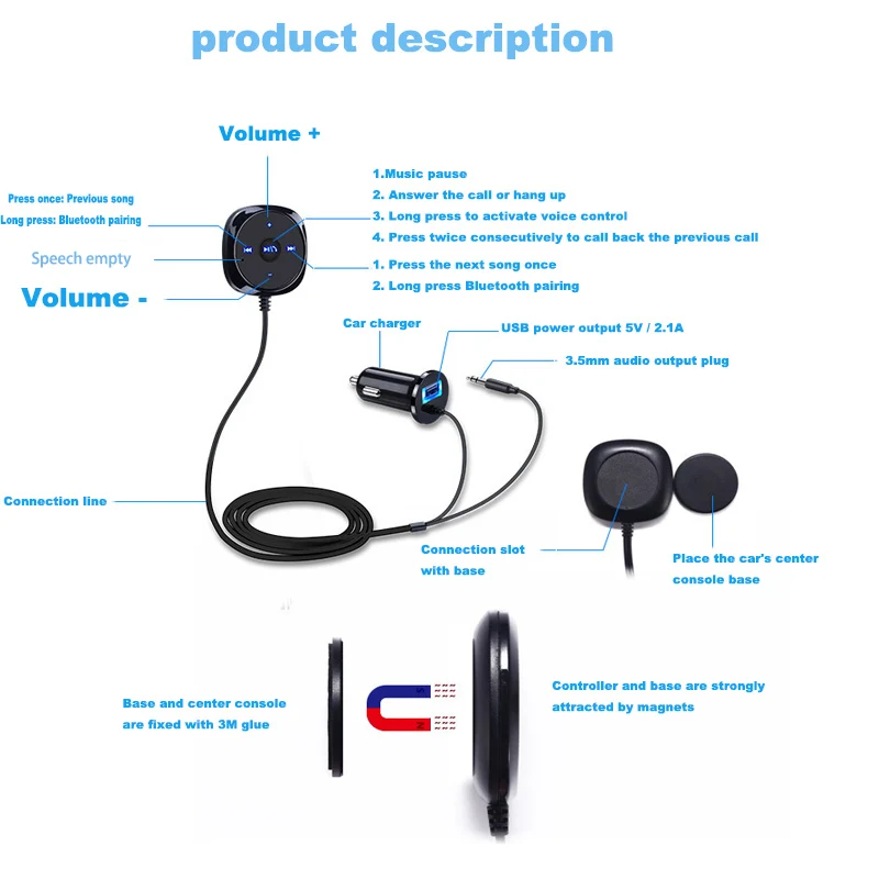 Bluetooth автомобильный комплект MP3 плеер 3,5 мм AUX аудио A2DP музыкальный приемник адаптер Поддержка IOS Siri с магнитной основой