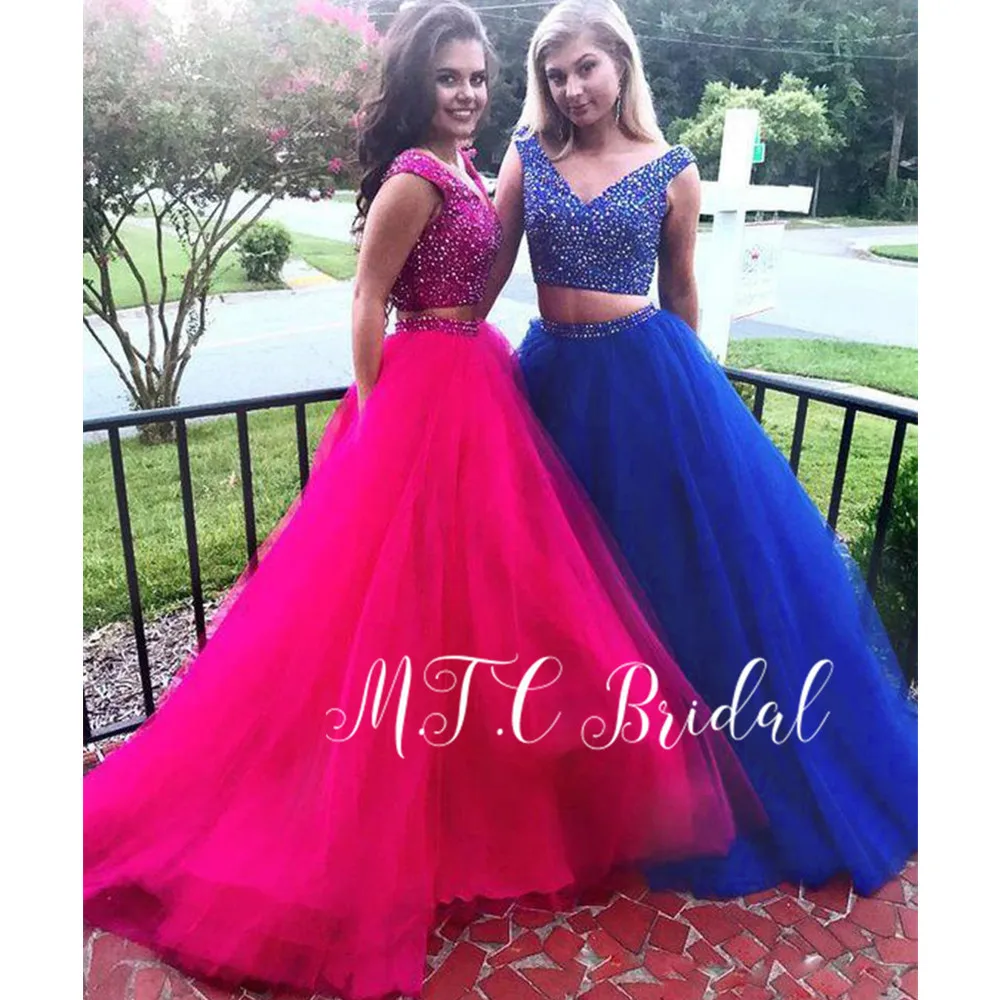 

Gorgeous 2 Pieces Prom Dresses Sparkly Crystal Tulle V Neck Long Evening Gowns 2019 Hot Selling Women Party Dress Hot Pink
