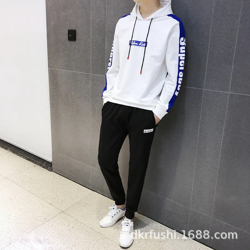 

Spring And Autumn MEN'S Casual Suit Men Hooded Pullover Hoody Fashion & Sports Capri Pants Set Two-Piece Set