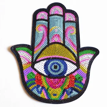 

Hamsa Hand Sequined Iron on Patches for Clothes DIY Garment Accessories Big Hand Evil Eye Sequins Embroidery Appliqu Parts