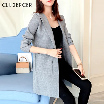 

2019 Autumn Long Sweater Coat Women Long sleeve Hooded Solid Sweater Slim Cardigan Sweater Female Elegant Casual Knit Cardigan