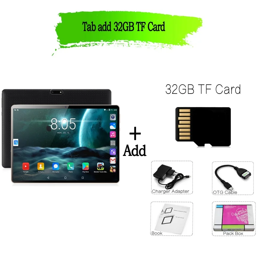 Tab add 32GB TF Card 10 дюймов, Android планшет, Android 7,0, Google, 3G, планшет, звонок, LTE, четыре ядра, 4 Гб ram, 64 ГБ rom, Bluetooth, Wifi, ips, Детские планшеты, ПК - Комплект: Tab add 32GB TF Card