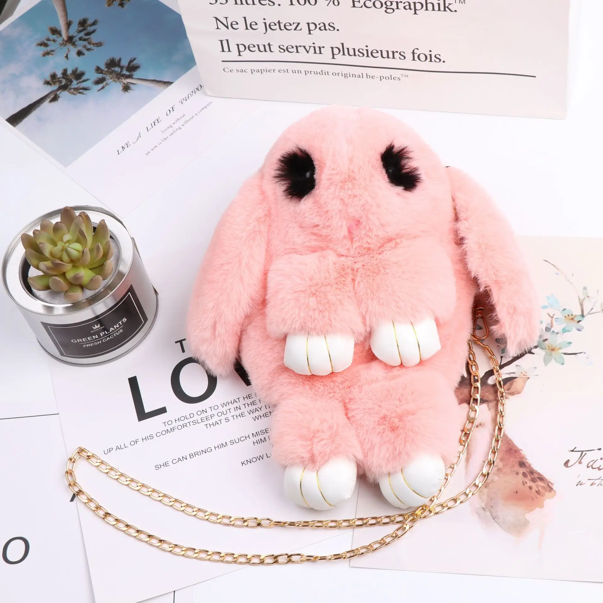 

Cute Fluffy Rabbit Fur Pompoms Chain Bag Women Cartoon Rabbit Sling Bag Fluffy Bunny Shoulder Plush backpack Cute Baby Kid bags