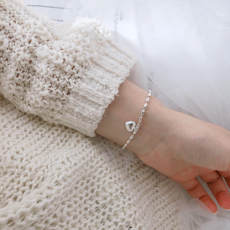 Delicate Rice Bead Bracelet 100% 925 Sterling Silver Cute Heart Pendant Polished Chain Women Teenage Girl 19cm | Украшения и