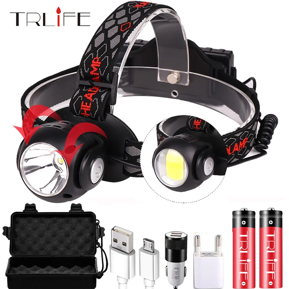 

USB Headlamp COB+T6 LED Headlight 7 Modes Head Lamp Torch Multi-Functional Rotate Red White FlashLight Waterproof use 2* 18650