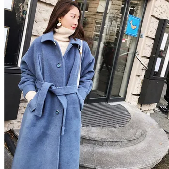 

Casual Loose Women Long Winter Wool Blend Coat Single Breasted Sashes Wool Coat And Jacket Turn-down Collar Outerwear