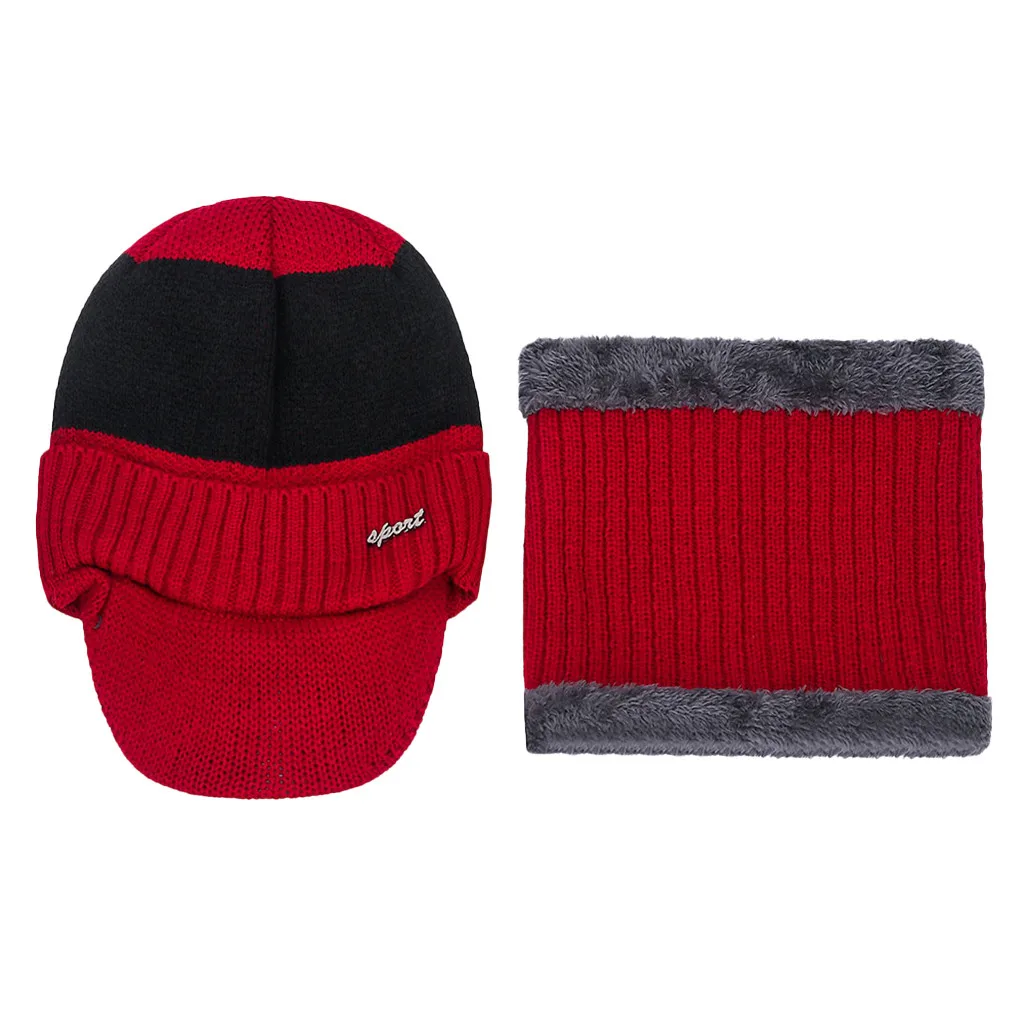 Мужская теплая шапка Skullies+ мягкий шарф, комплект из двух предметов, зимняя утолщенная шапка, мужские ветрозащитные вязаные шапки, теплые шапки для шеи 12,3 - Цвет: SSS91116006RD