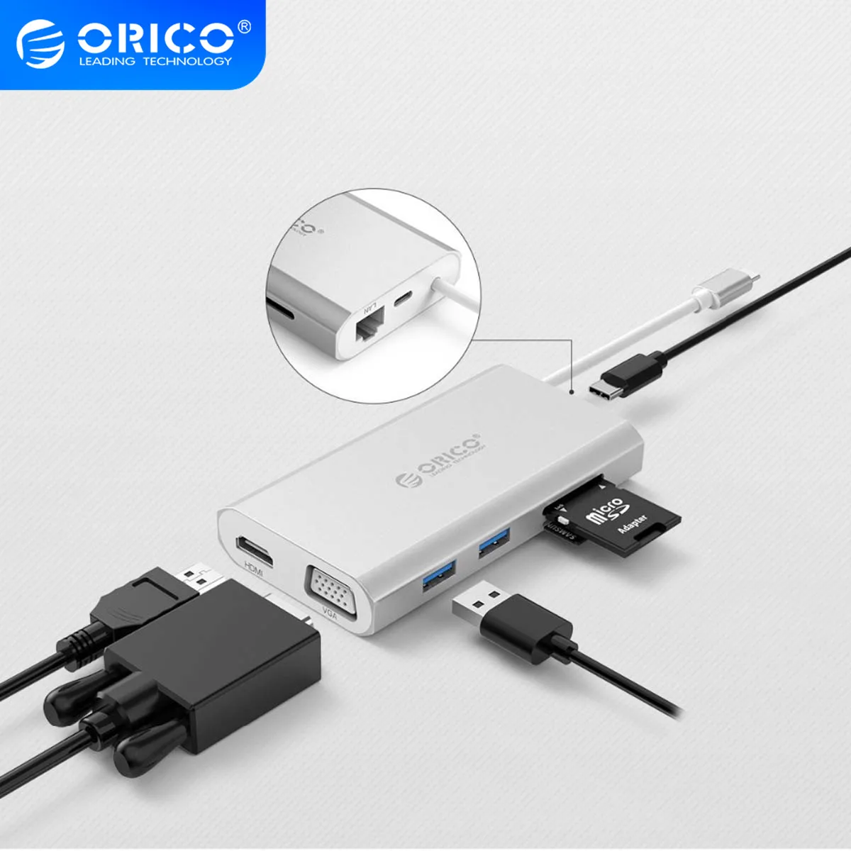 ORICO 8 in 1 Type C Aluminum Alloy Docking Station with USB 3.0 HDMI compatible VGA Port PD