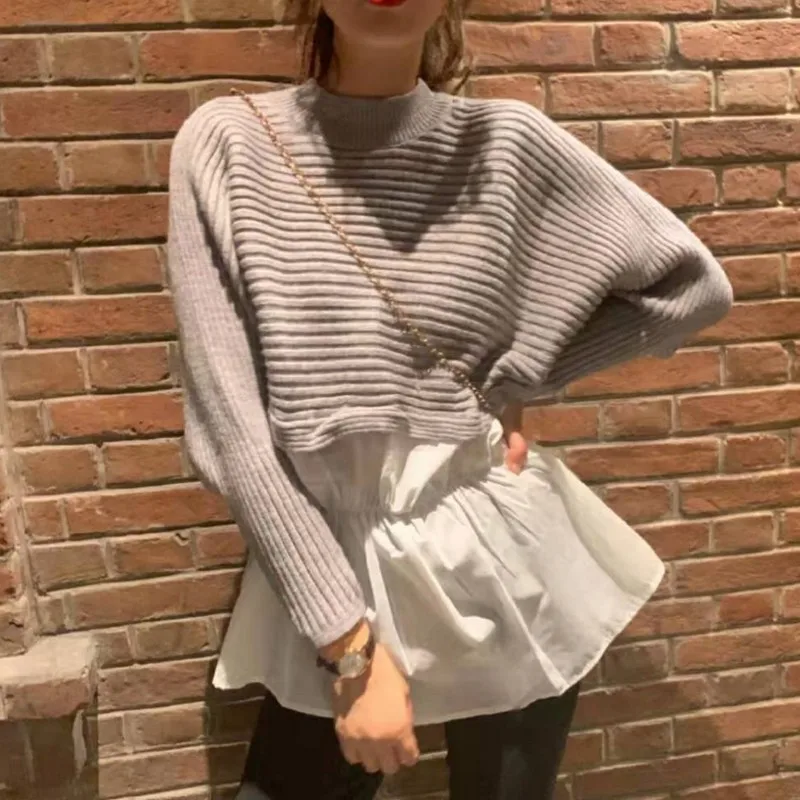 

Fake Two Pieces Women's Sweater Contrast Color Splice Sweater Women Fashion Pullover Women Casual Korean Autumn Women's Clothing
