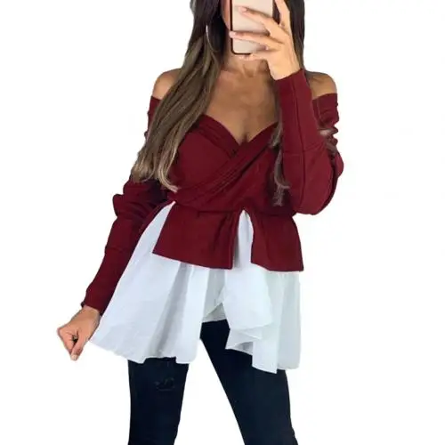 Wine Red Сексуальная Женская футболка с длинным рукавом и v-образным вырезом с открытыми плечами - Цвет: Wine Red