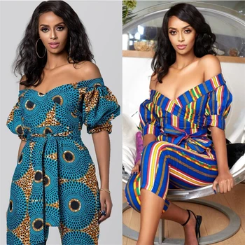 

2019 Elegant Womens jumpsuit african print clothing puff sleeve romper sexy party jumpsuits off shoulder clubwear female