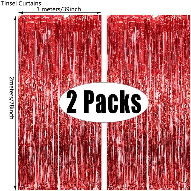 2Pack Party Backdrop Metallic Foil Fringe Tinsel Curtain Adult Kids Birthday Party Wedding Decoration Baby Shower Favor Supplies red