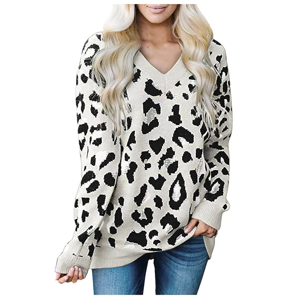 Jaycosin Fashion Casual Lady Leopard Sweater Chic Stylish Comfortable Soft Elegant Loose V-Neck Fit Tops Blouse sweater