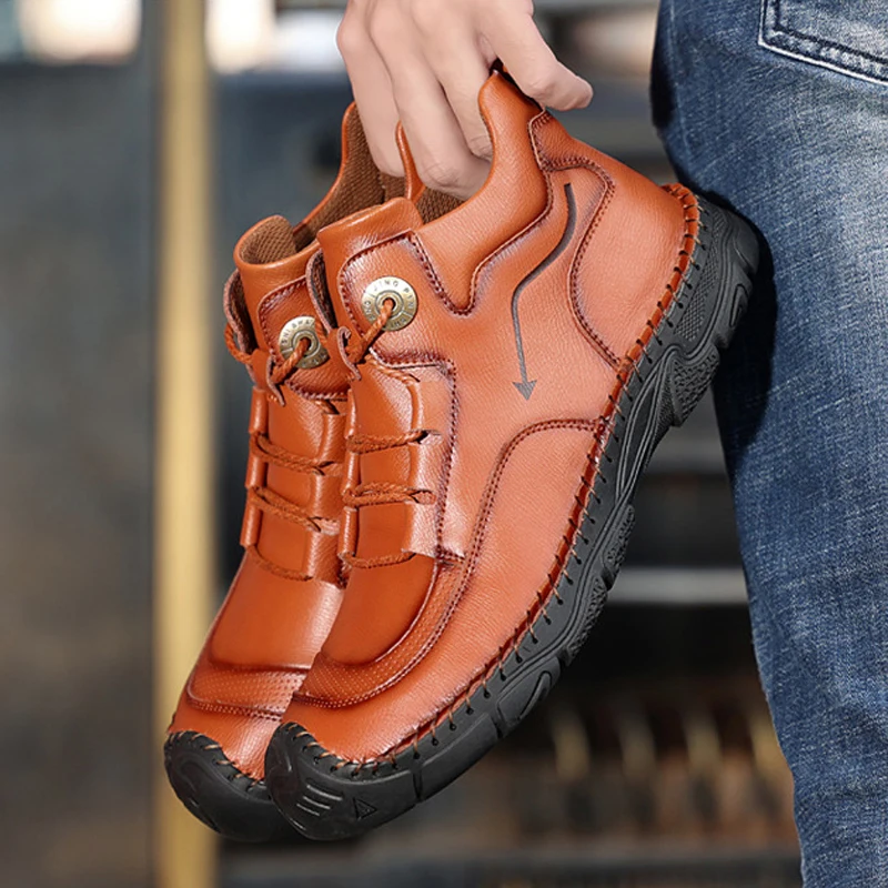 

Men boots high quality genuine leather winter shoes lace-up men martin boots high-top men sneakers non-slip brown winter boots