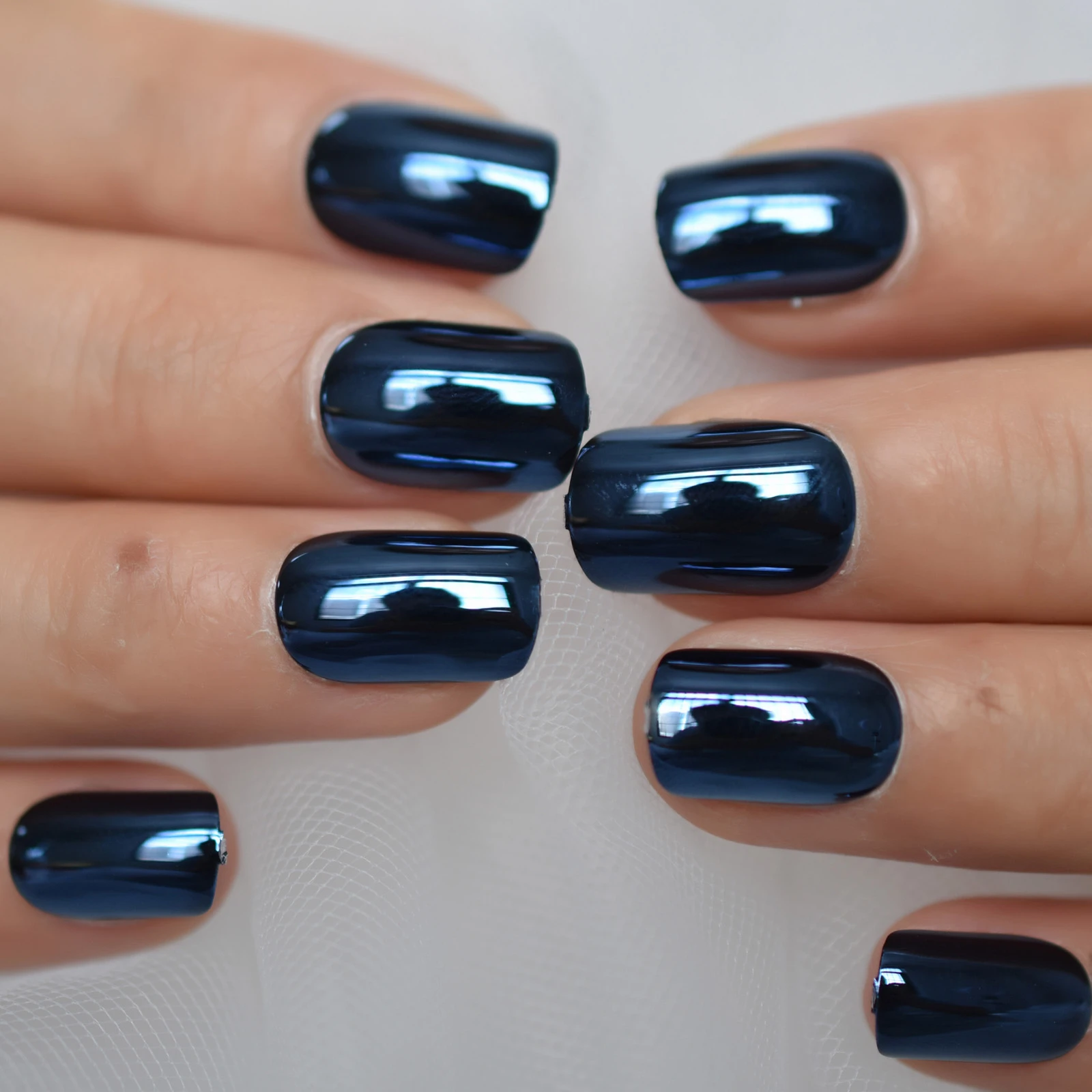 High Shine Punk False Metallic Light Blue Fake Nails Short Acrylic Nail  Tips Reflective Mirror Nail Art Manicure Tool - False Nails - AliExpress