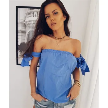 

Off-shoulder Summer Street Blouse 2020 Fashion Women Short Sleeve Bowknot Bandage Sexy Blouse Loose Tops