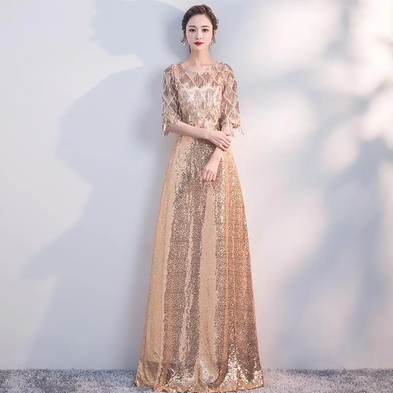 Fashion Women A-Line Slim Sequined Dress High Quality Robe De Soiree Banquet Gown Plus Size 3XL 4XL Stage Show Vestidos - Цвет: Gold