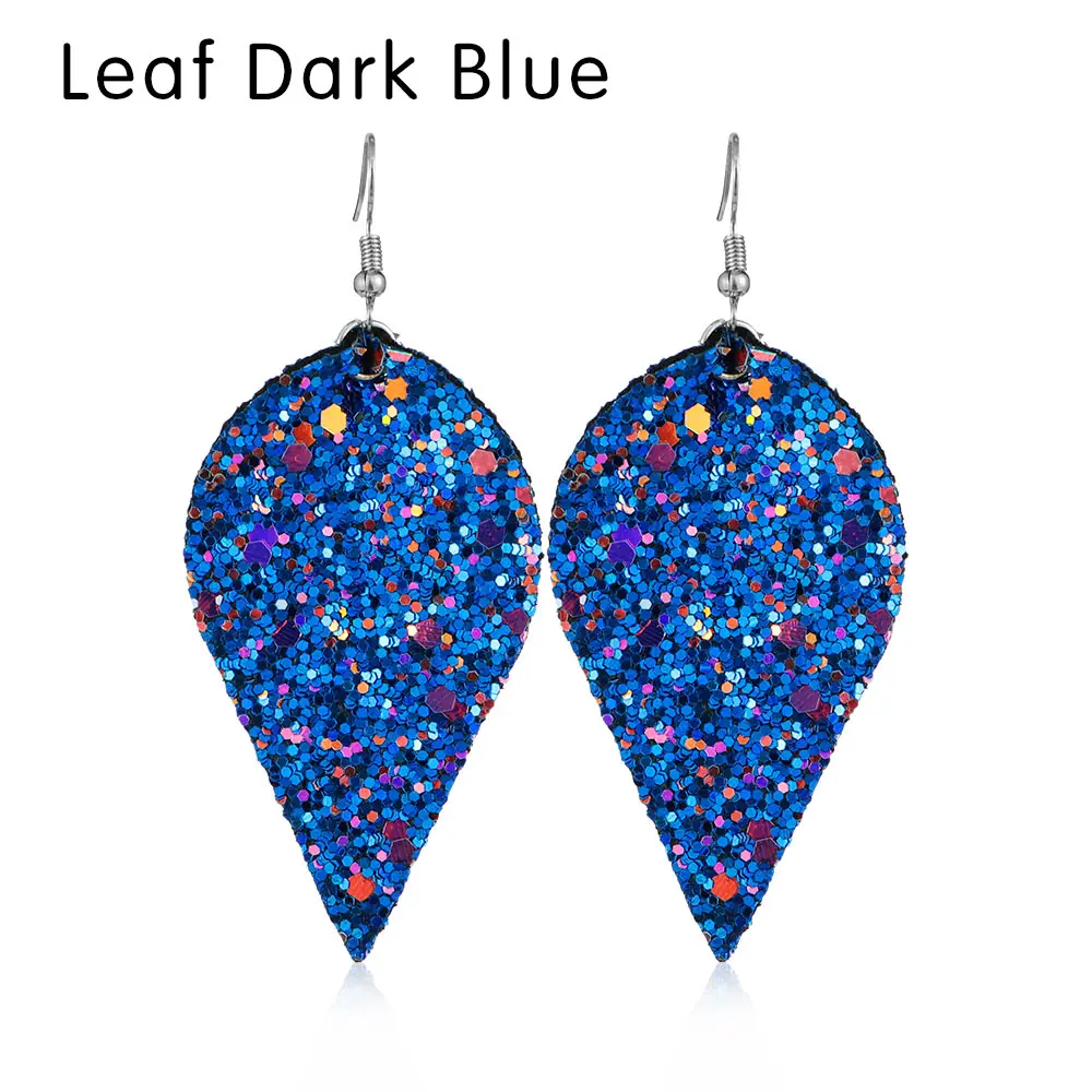 Leaf Dark Blue 1 пара многоцветный женский винтажный богемский стиль резные серьги с листьями и перьями из искусственной кожи с блестками висячие серьги - Окраска металла: Leaf Dark Blue