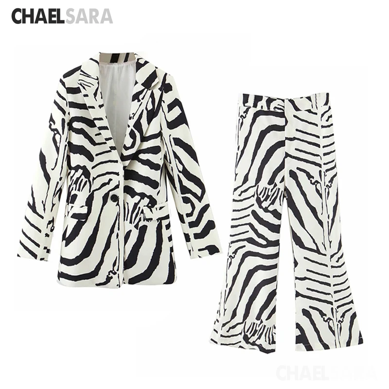 

Vintage Zebra Print Two Piece Set Pants Suit Women Casual Single Button Blazer Jacket &Wide Leg Female Autumn Outfits